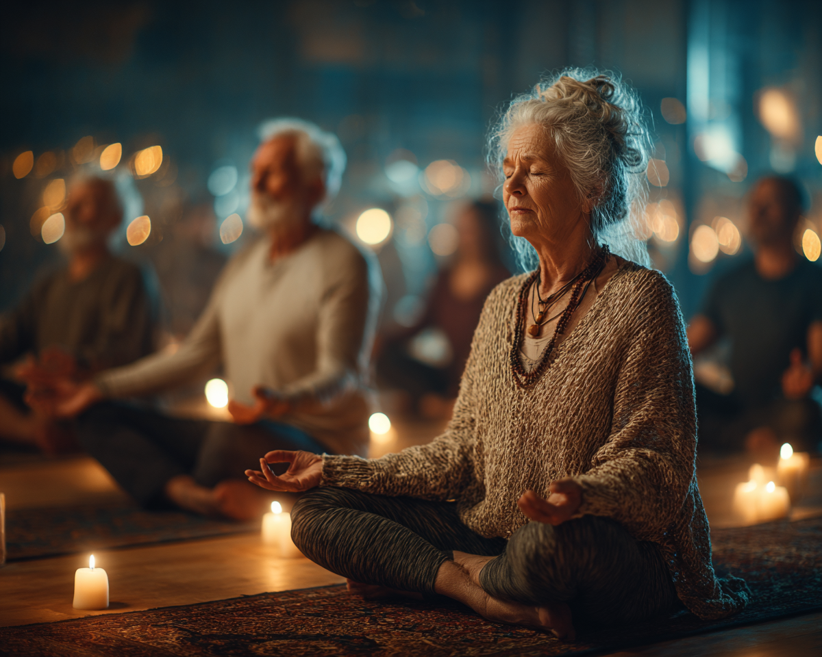 Grup de seniori practicând exerciții de echilibru în natură, sub îndrumarea unui instructor calificat